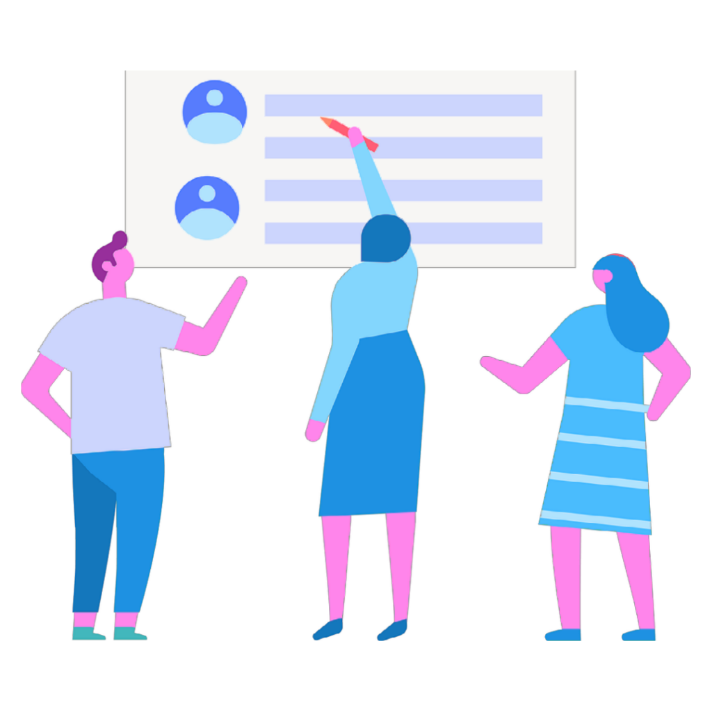 Company Software Development Guy on Left, Girl in middle with pointer, girl on right, Board with two social head icons | Internet Marketing | Web Design Naples FL | Building Backlinks