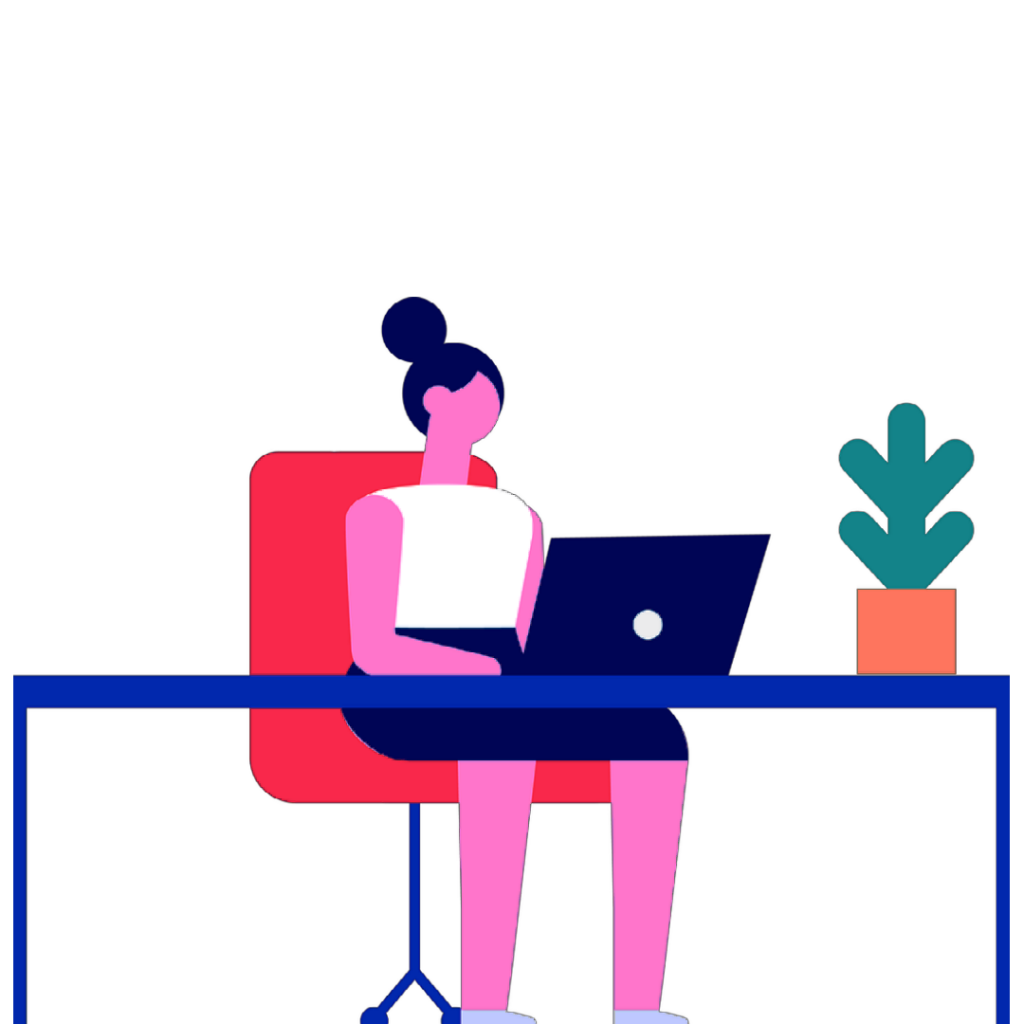 Cartoon Woman at desk on computer with plant to the right of her | SEO Services | Development of Mobile App