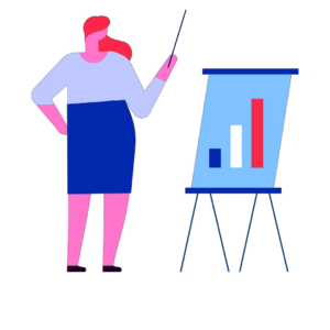 Woman with a pointer and a bar graph on a stand | SEO Services | Amazon Ads Management