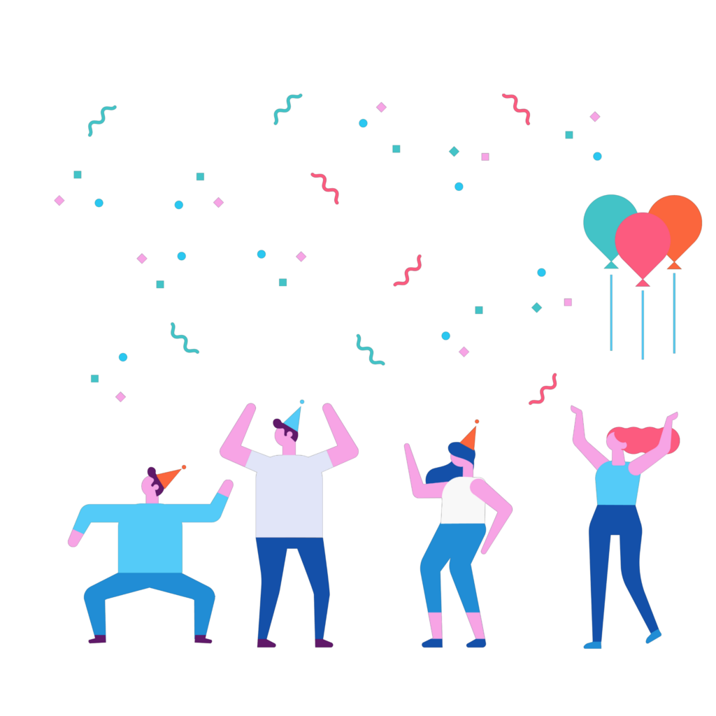 People Dancing under confetti; two guys on the left and two girls on the right | Responsive Website Design