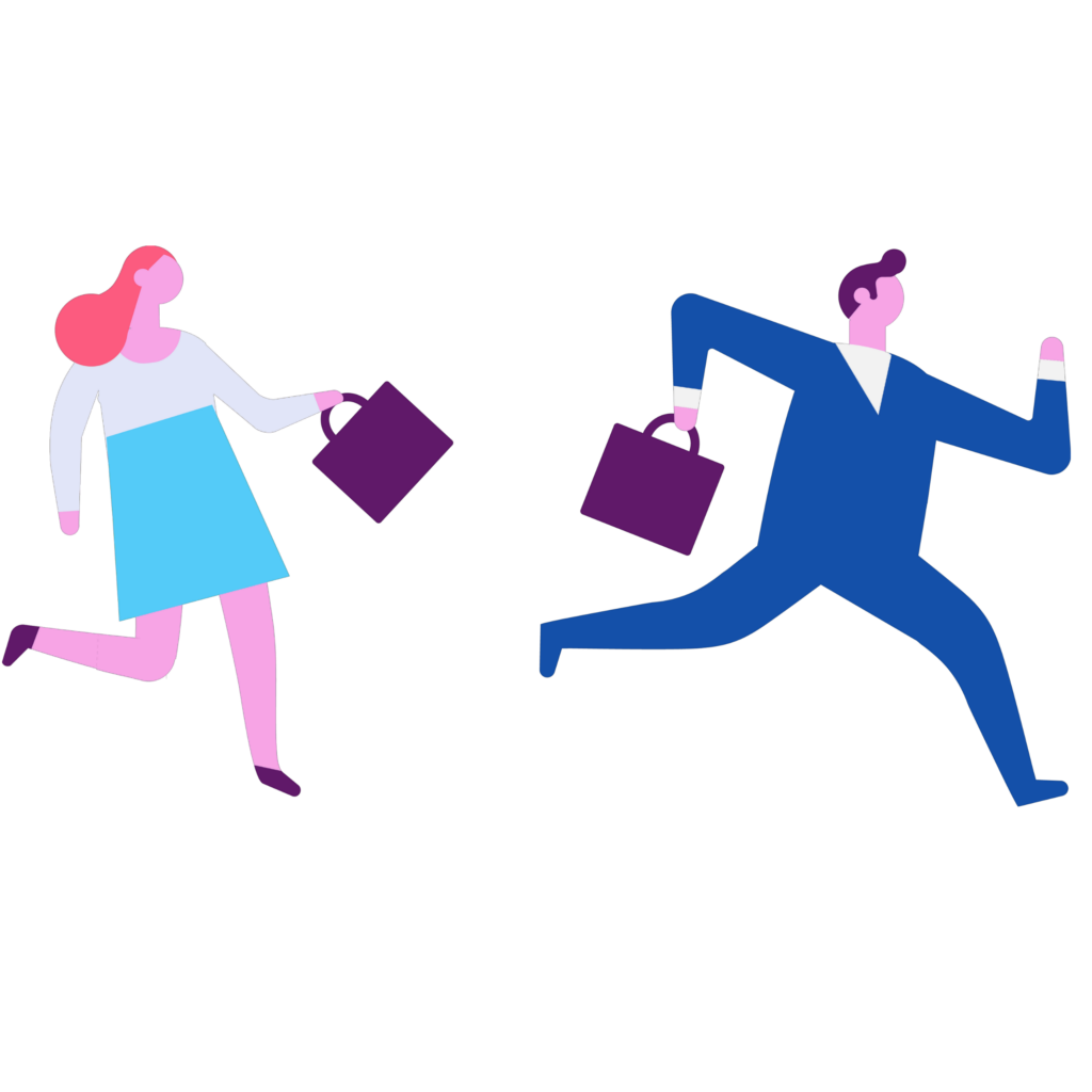 Guy on right running past girl on left making her unstable looking, both have a briefcase | automated workflow software
